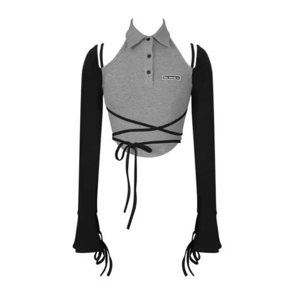 Gothic Polo Neck Waist Strap Off Shoulder Long Sleeve  Top - Picture 1 of 9